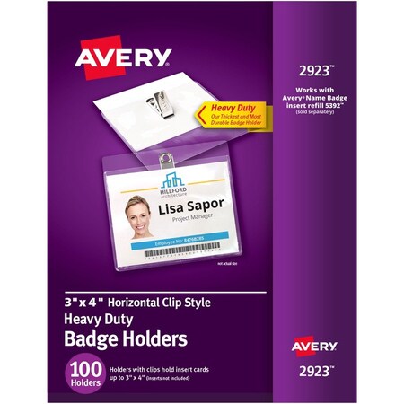 Avery Badge Holder w/ Clip, Landscape, 4"x3", Badge, 100/BX, CL PK AVE2923